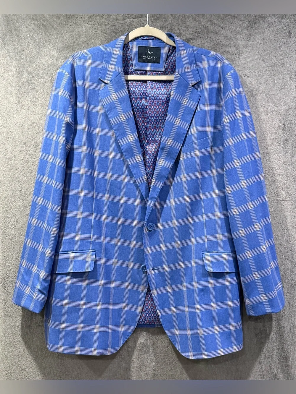 Tailorbyrd Collection Men’s Blazer 48L Blue Windowpane Sport Coat Stretch Jacket